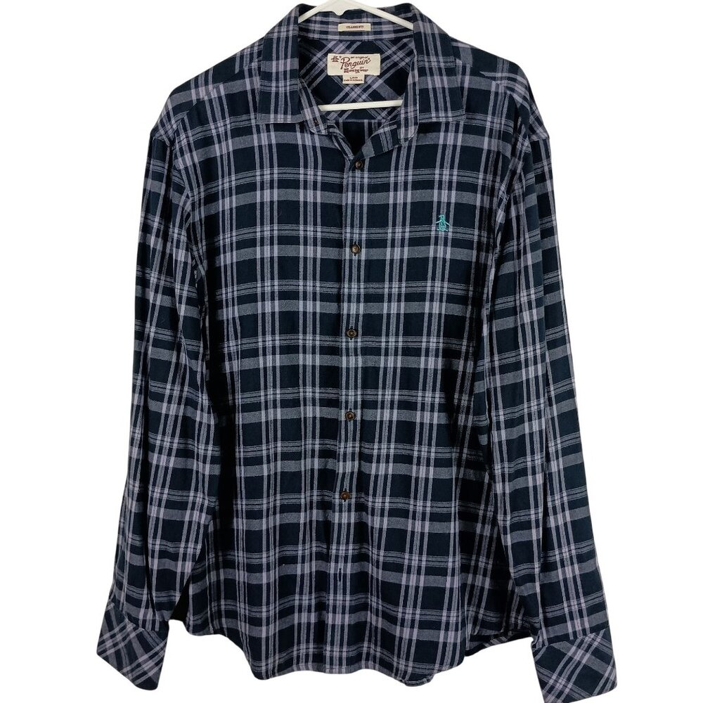 Penguin Mens Classic Fit Flannel Plaid Long Sleeve Shirt Blue & Purple Size L